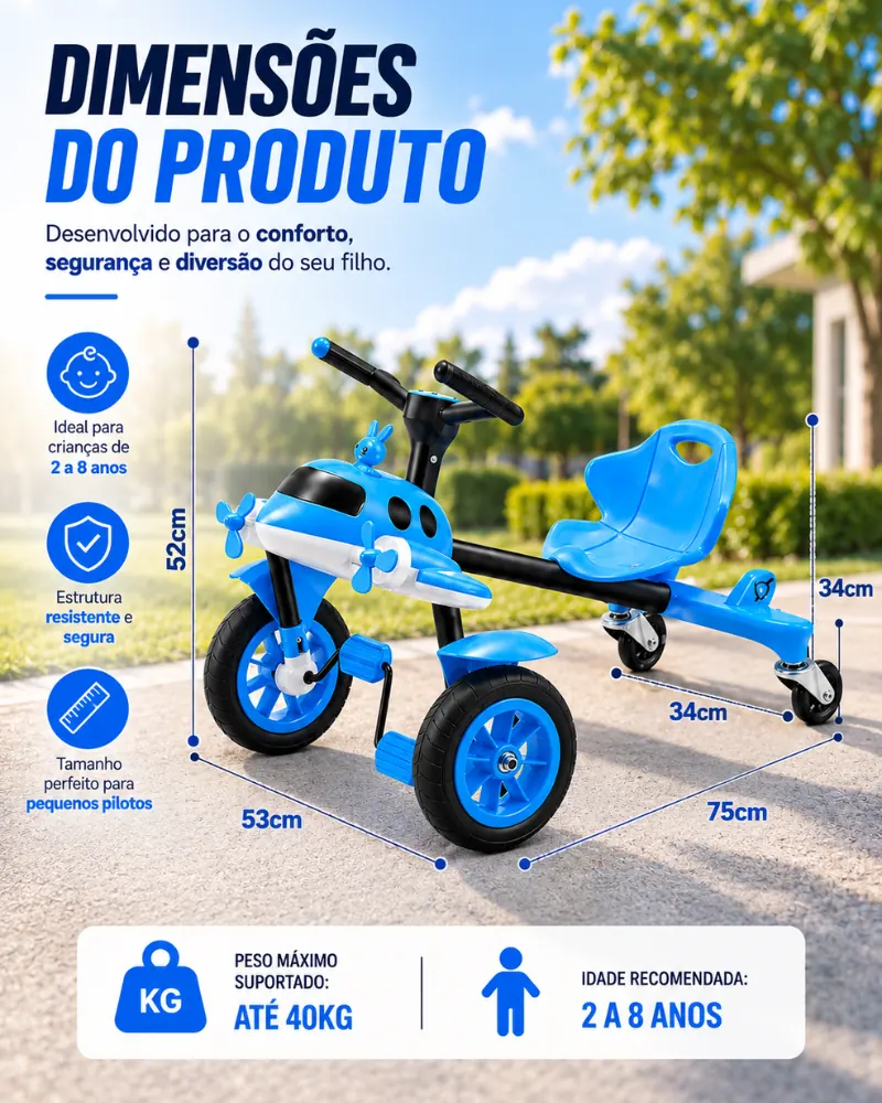 Dimensões: 75 cm de comprimento, 53 cm de largura, 52 cm de altura e assento a 34 cm